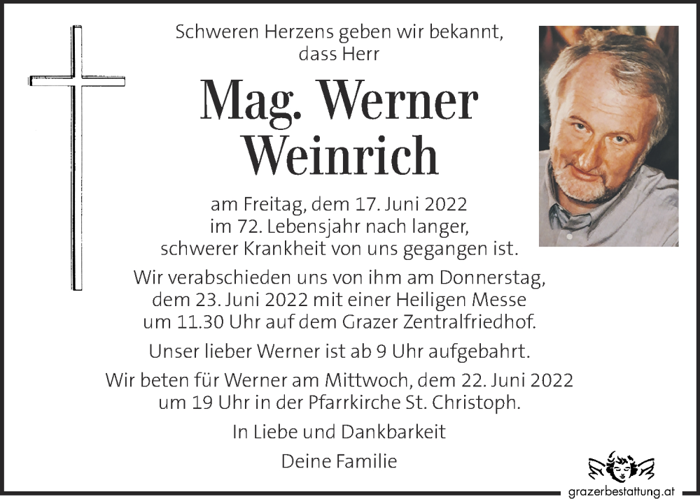  Traueranzeige für Werner Weinrich vom 22.06.2022 aus Kleine Zeitung