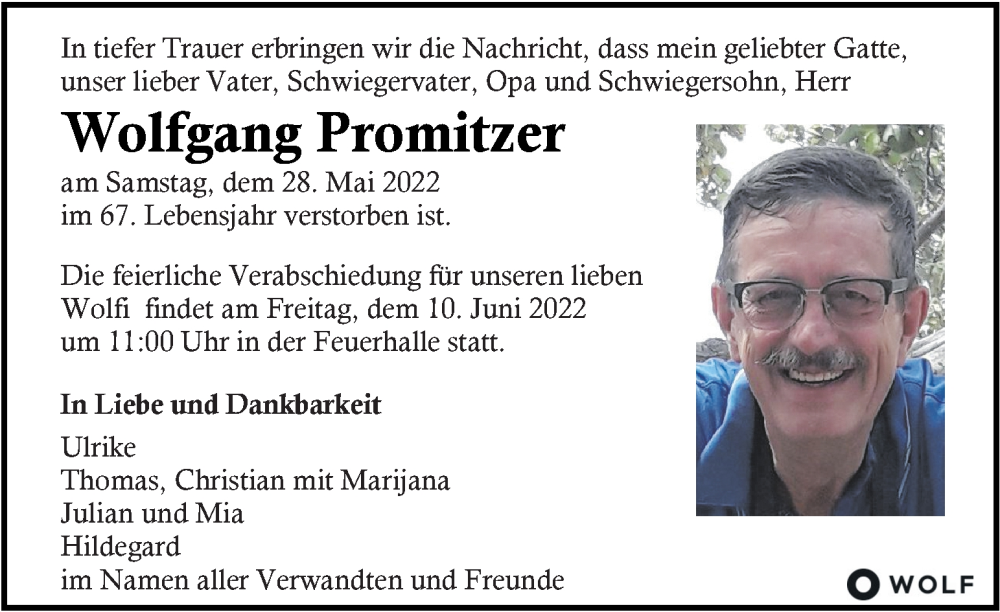  Traueranzeige für Wolfgang Promitzer vom 05.06.2022 aus Kleine Zeitung