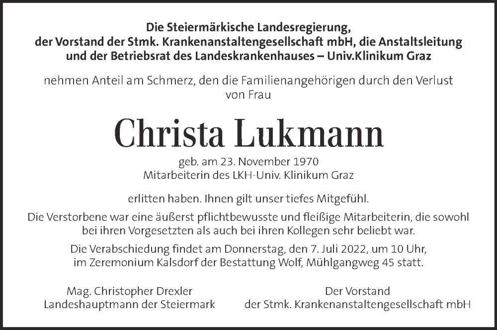  Traueranzeige für Christa Lukmann vom 05.07.2022 aus Kleine Zeitung