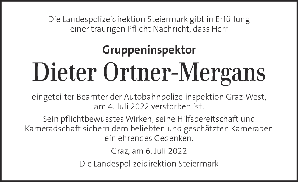  Traueranzeige für Dieter Ortner-Mergans vom 07.07.2022 aus Kleine Zeitung