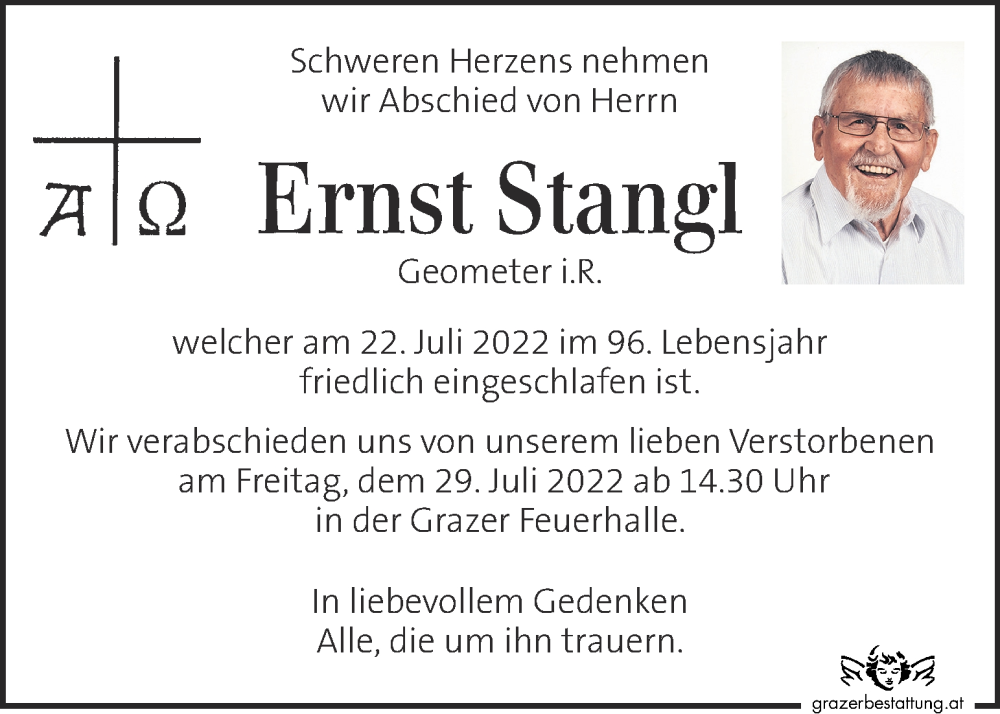  Traueranzeige für Ernst Stangl vom 27.07.2022 aus Kleine Zeitung