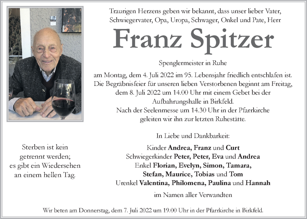  Traueranzeige für Franz Spitzer vom 07.07.2022 aus Kleine Zeitung