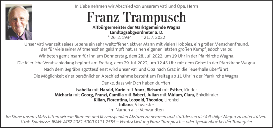 Traueranzeige von Franz Trampusch von Kleine Zeitung