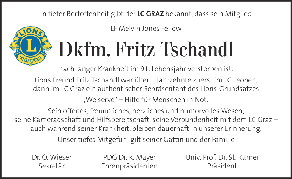  Traueranzeige für Fritz Tschandl vom 05.07.2022 aus Kleine Zeitung