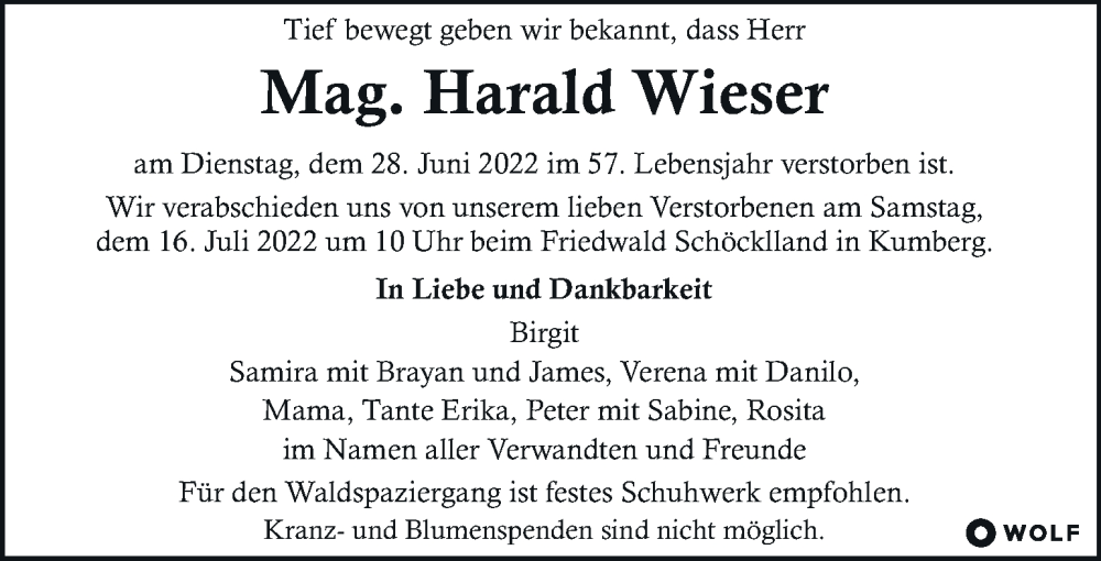  Traueranzeige für Harald Wieser vom 06.07.2022 aus Kleine Zeitung