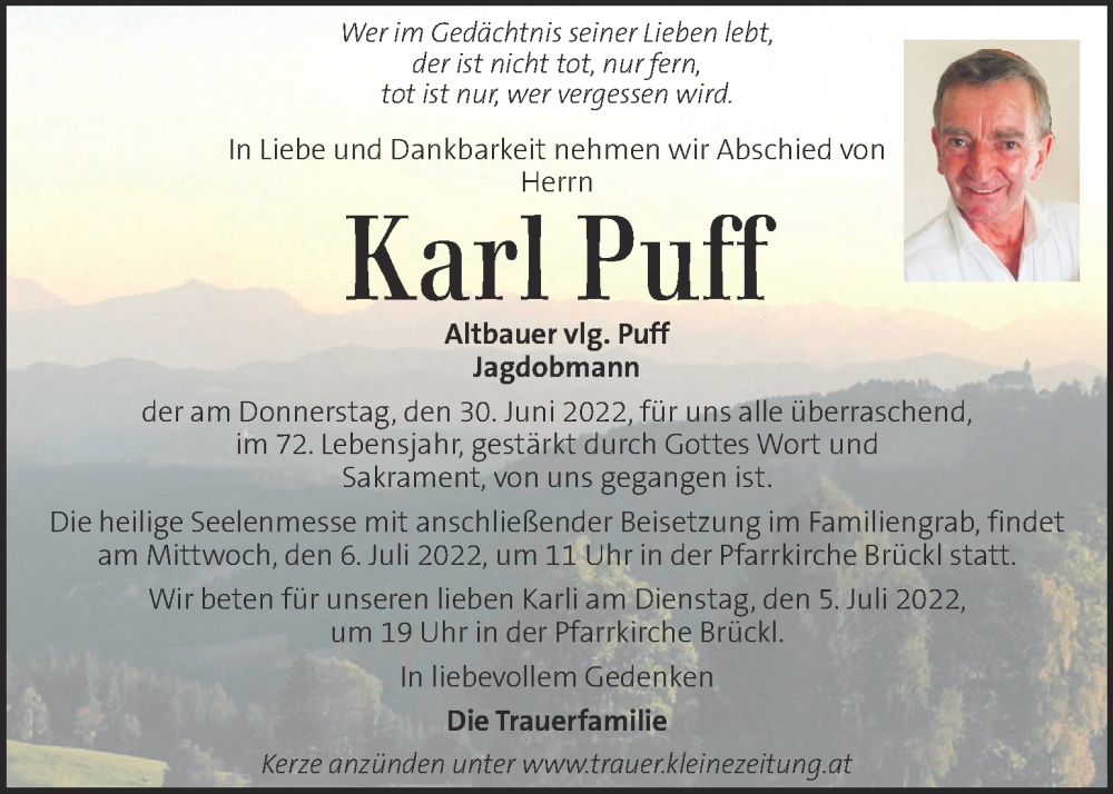  Traueranzeige für Karl Puff vom 03.07.2022 aus Kleine Zeitung