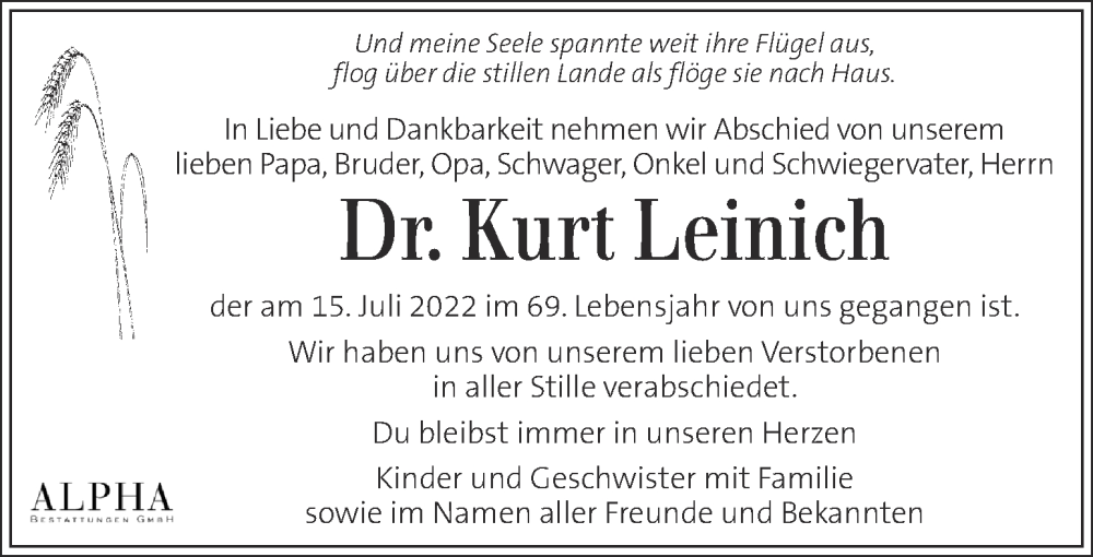  Traueranzeige für Kurt Leinich vom 23.07.2022 aus Kleine Zeitung