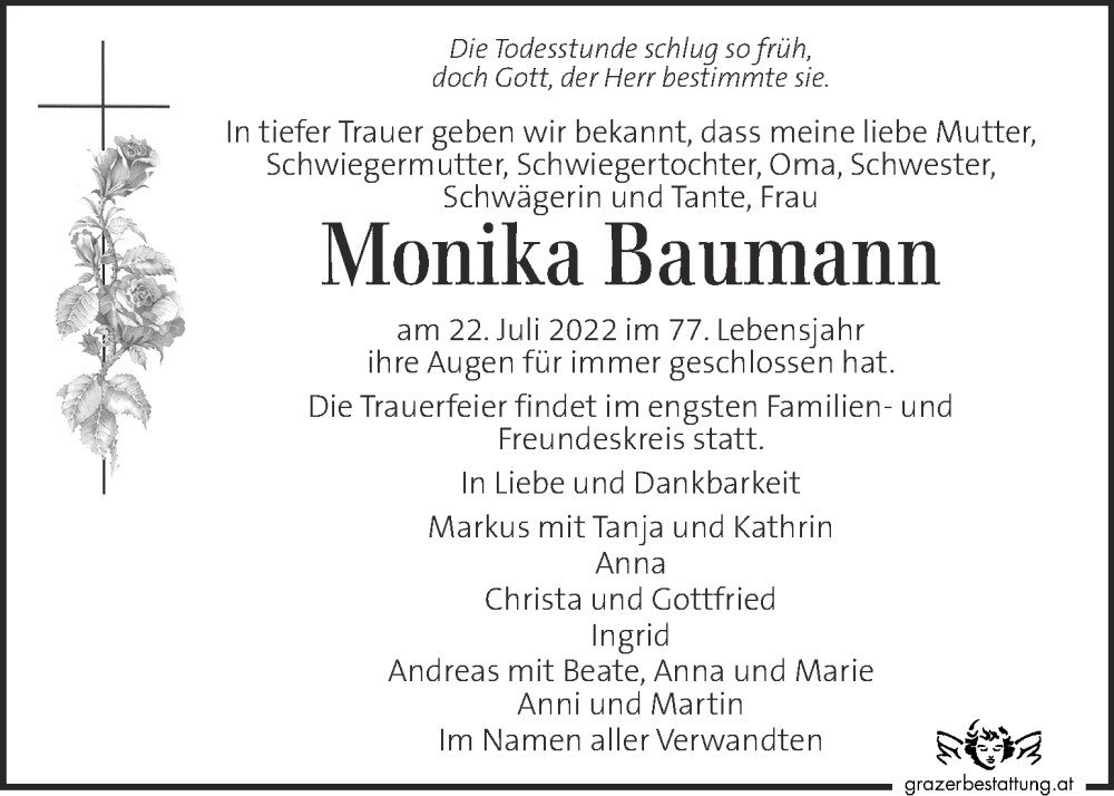  Traueranzeige für Monika Baumann vom 29.07.2022 aus Kleine Zeitung