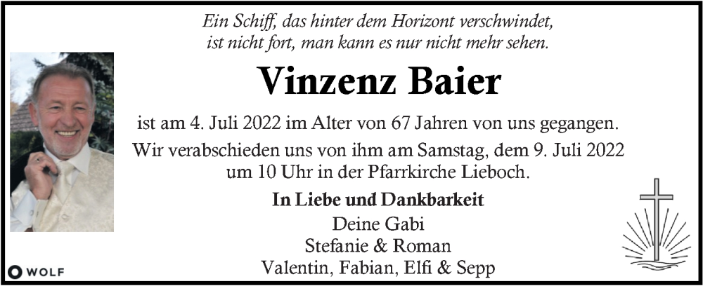  Traueranzeige für Vinzenz Baier  vom 07.07.2022 aus Kleine Zeitung