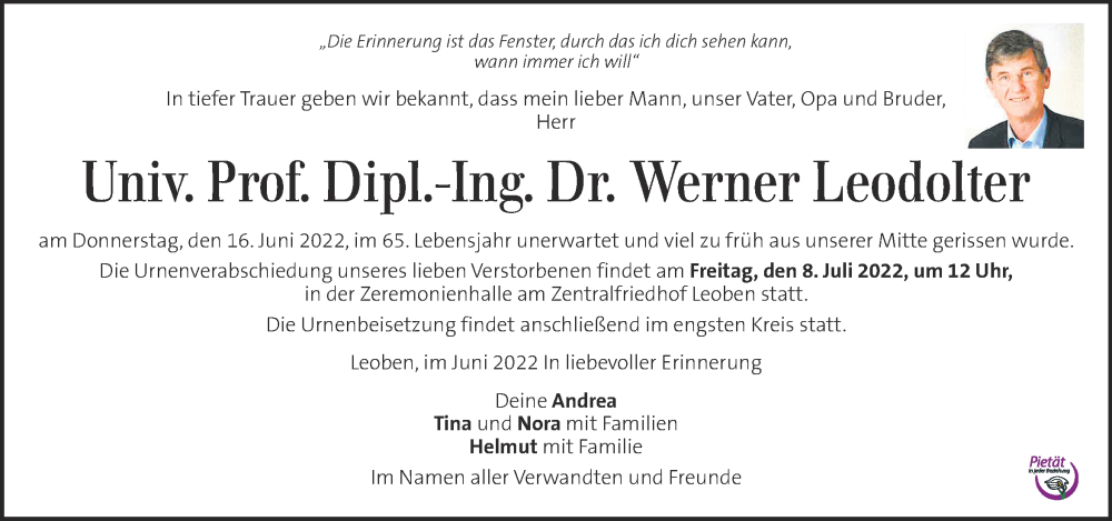  Traueranzeige für Werner Leodolter vom 02.07.2022 aus Kleine Zeitung