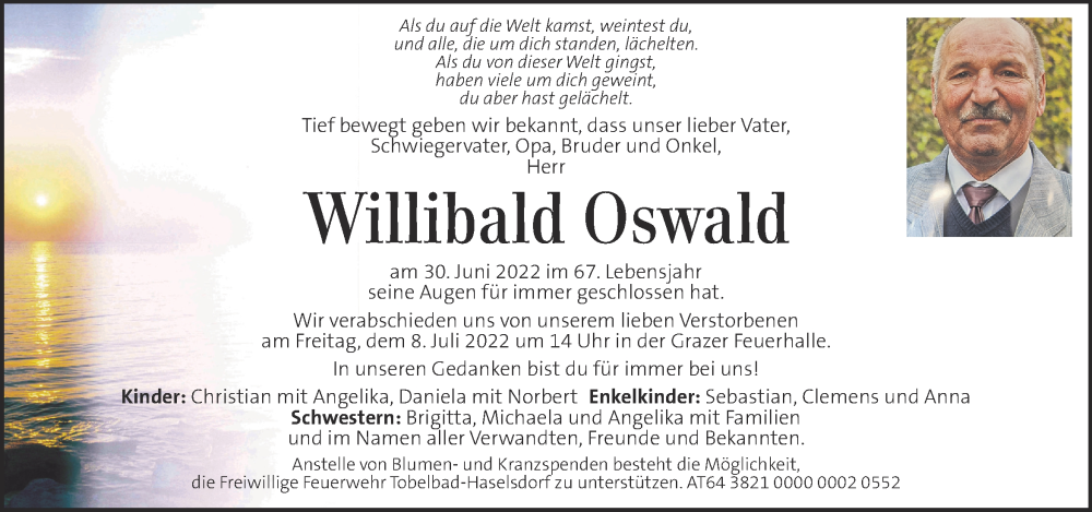  Traueranzeige für Willibald Oswald vom 06.07.2022 aus Kleine Zeitung