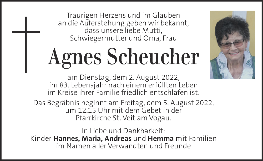  Traueranzeige für Agnes Scheucher vom 05.08.2022 aus Kleine Zeitung