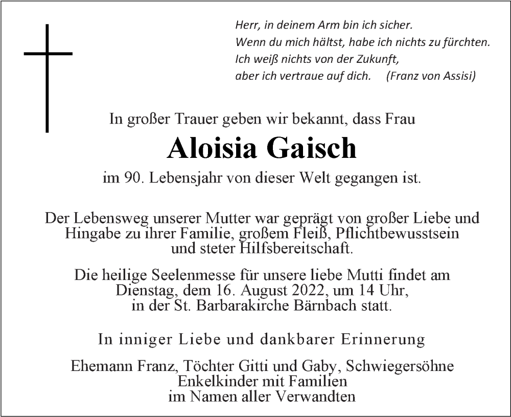  Traueranzeige für Aloisia Gaisch vom 11.08.2022 aus Kleine Zeitung