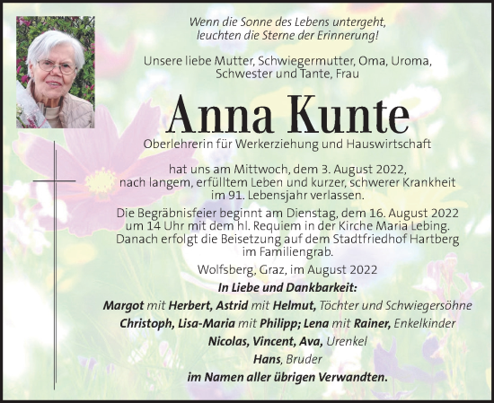 Traueranzeige von Anna Kunte von Kleine Zeitung