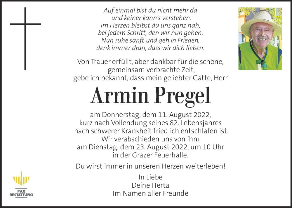  Traueranzeige für Armin Pregel vom 17.08.2022 aus Kleine Zeitung