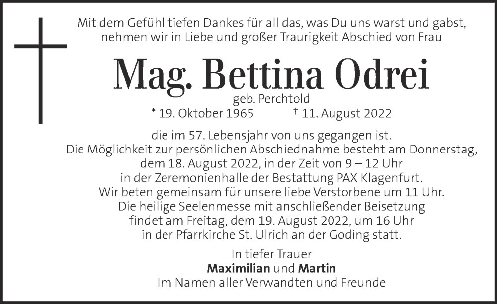  Traueranzeige für Bettina Odrei vom 17.08.2022 aus Kleine Zeitung