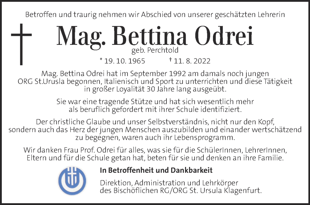  Traueranzeige für Bettina Odrei vom 19.08.2022 aus Kleine Zeitung