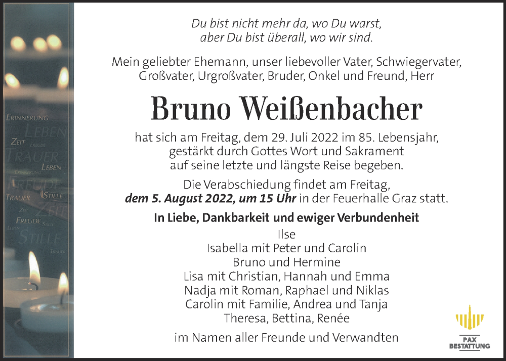  Traueranzeige für Bruno Weißenbacher vom 03.08.2022 aus Kleine Zeitung