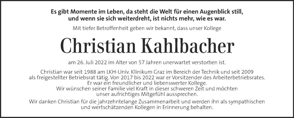  Traueranzeige für Christian Kahlbacher vom 02.08.2022 aus Kleine Zeitung