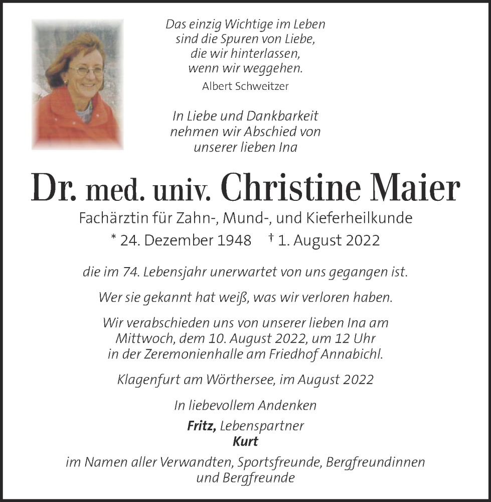  Traueranzeige für Christine Maier vom 06.08.2022 aus Kleine Zeitung