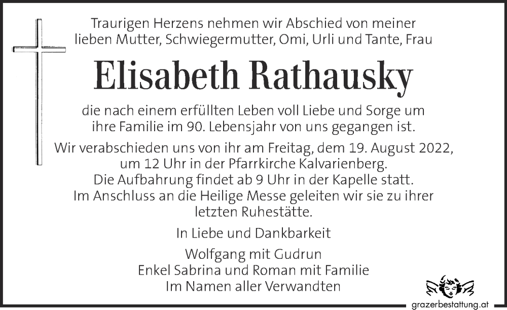  Traueranzeige für Elisabeth Rathausky vom 18.08.2022 aus Kleine Zeitung
