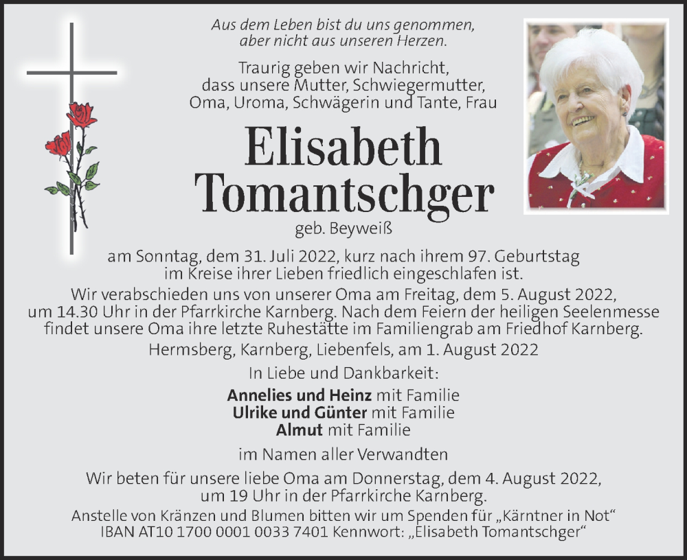  Traueranzeige für Elisabeth Tomantschger vom 04.08.2022 aus Kleine Zeitung