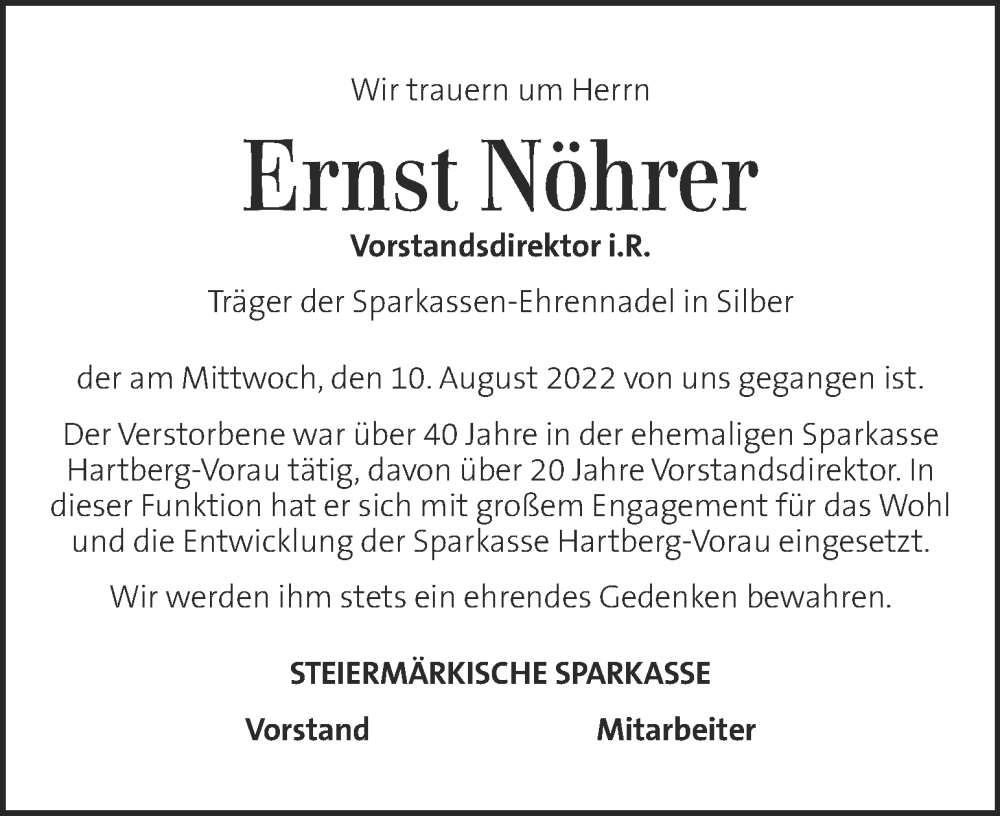  Traueranzeige für Ernst Nöhrer vom 17.08.2022 aus Kleine Zeitung