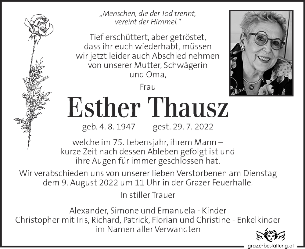  Traueranzeige für Esther Thausz vom 05.08.2022 aus Kleine Zeitung
