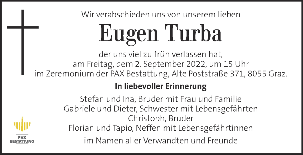  Traueranzeige für Eugen Turba vom 26.08.2022 aus Kleine Zeitung