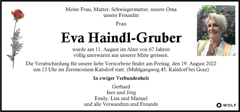  Traueranzeige für Eva Haindl-Gruber vom 18.08.2022 aus Kleine Zeitung
