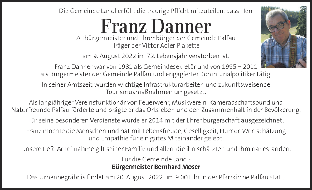  Traueranzeige für Franz Danner  vom 18.08.2022 aus Kleine Zeitung