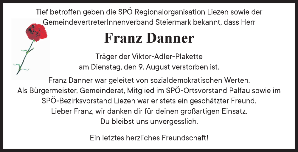  Traueranzeige für Franz Danner vom 13.08.2022 aus Kleine Zeitung