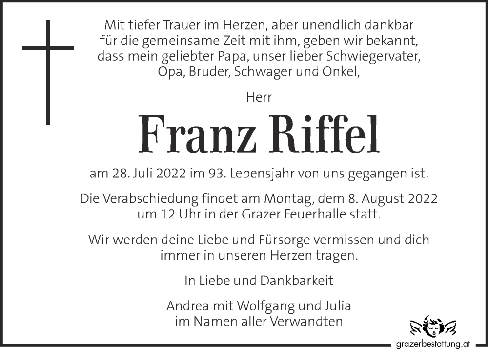  Traueranzeige für Franz Riffel vom 05.08.2022 aus Kleine Zeitung