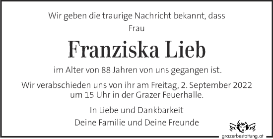 Traueranzeige von Franziska Lieb von Kleine Zeitung