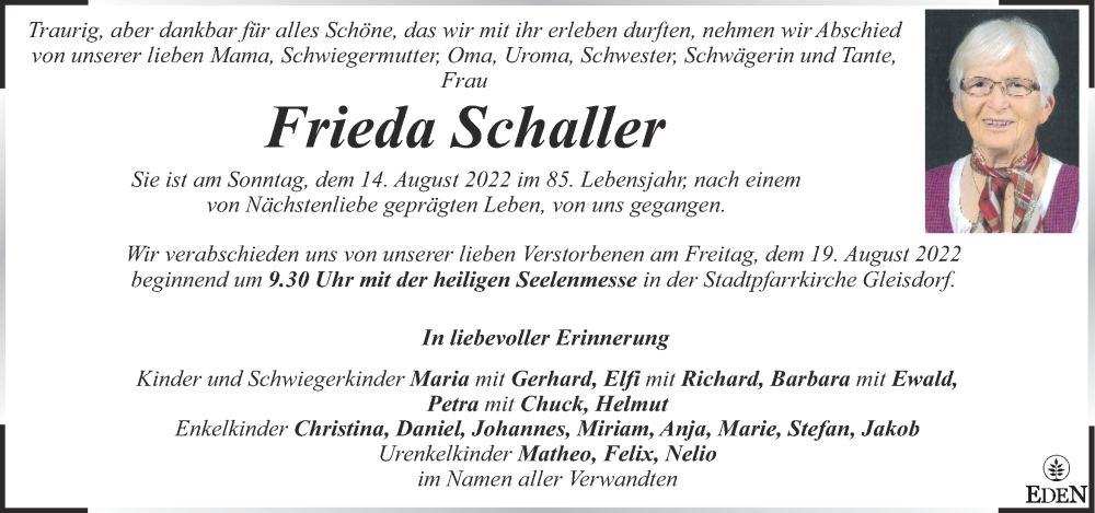 Traueranzeige für Frieda Schaller vom 17.08.2022 aus Kleine Zeitung