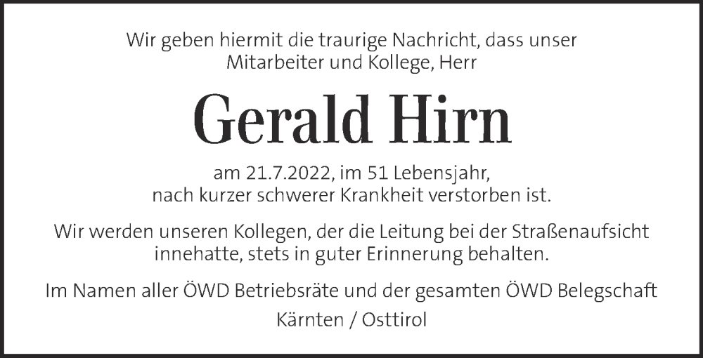  Traueranzeige für Gerald Hirn vom 04.08.2022 aus Kleine Zeitung