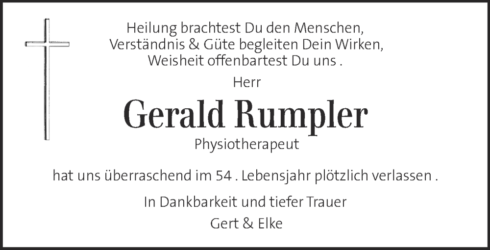  Traueranzeige für Gerald Rumpler vom 09.08.2022 aus Kleine Zeitung