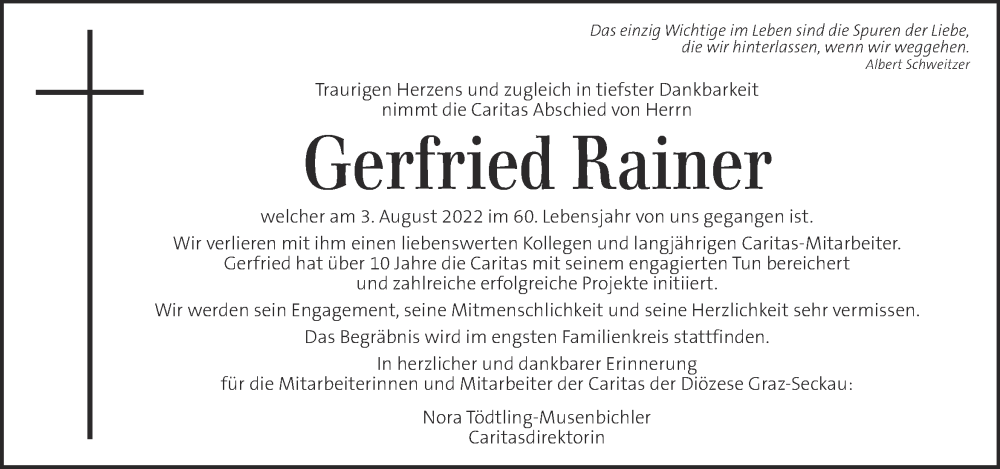  Traueranzeige für Gerfried Rainer vom 10.08.2022 aus Kleine Zeitung