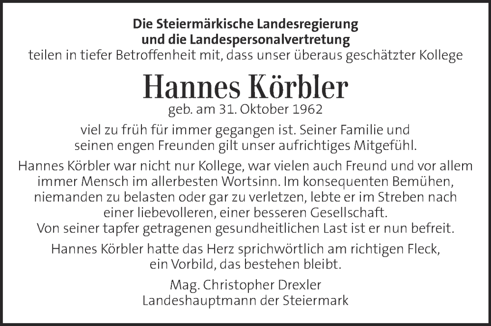  Traueranzeige für Hannes Körbler vom 12.08.2022 aus Kleine Zeitung