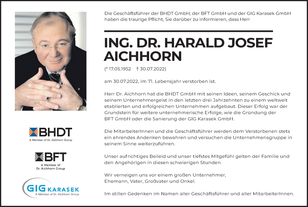  Traueranzeige für Harald Josef Aichhorn vom 06.08.2022 aus Kleine Zeitung