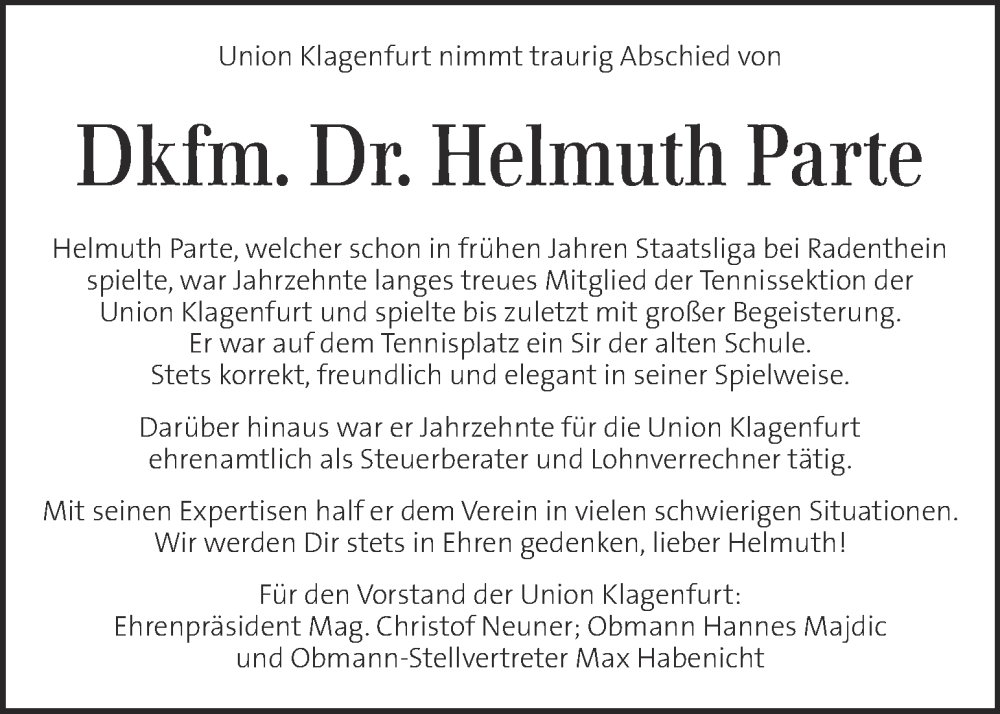  Traueranzeige für Helmut Parte vom 07.08.2022 aus Kleine Zeitung