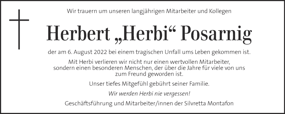  Traueranzeige für Herbert Posarnig vom 12.08.2022 aus Kleine Zeitung
