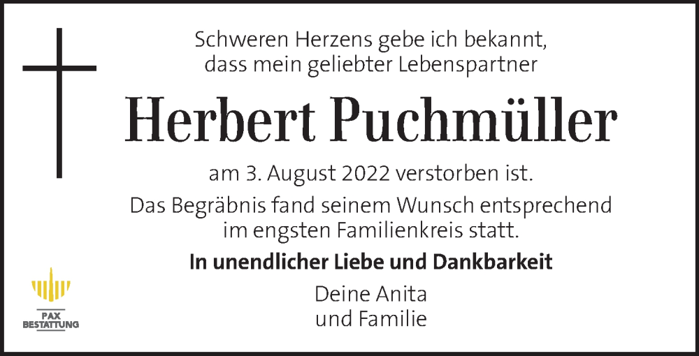  Traueranzeige für Herbert Puchmüller vom 12.08.2022 aus Kleine Zeitung
