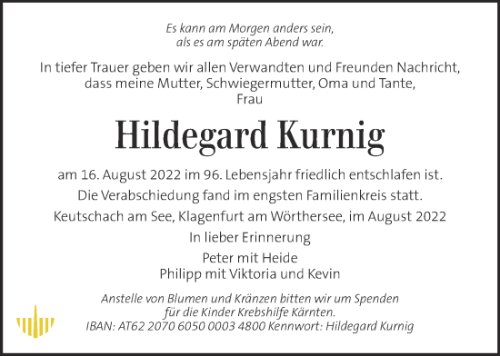 Traueranzeige von Hildegard Kurnig von Kleine Zeitung