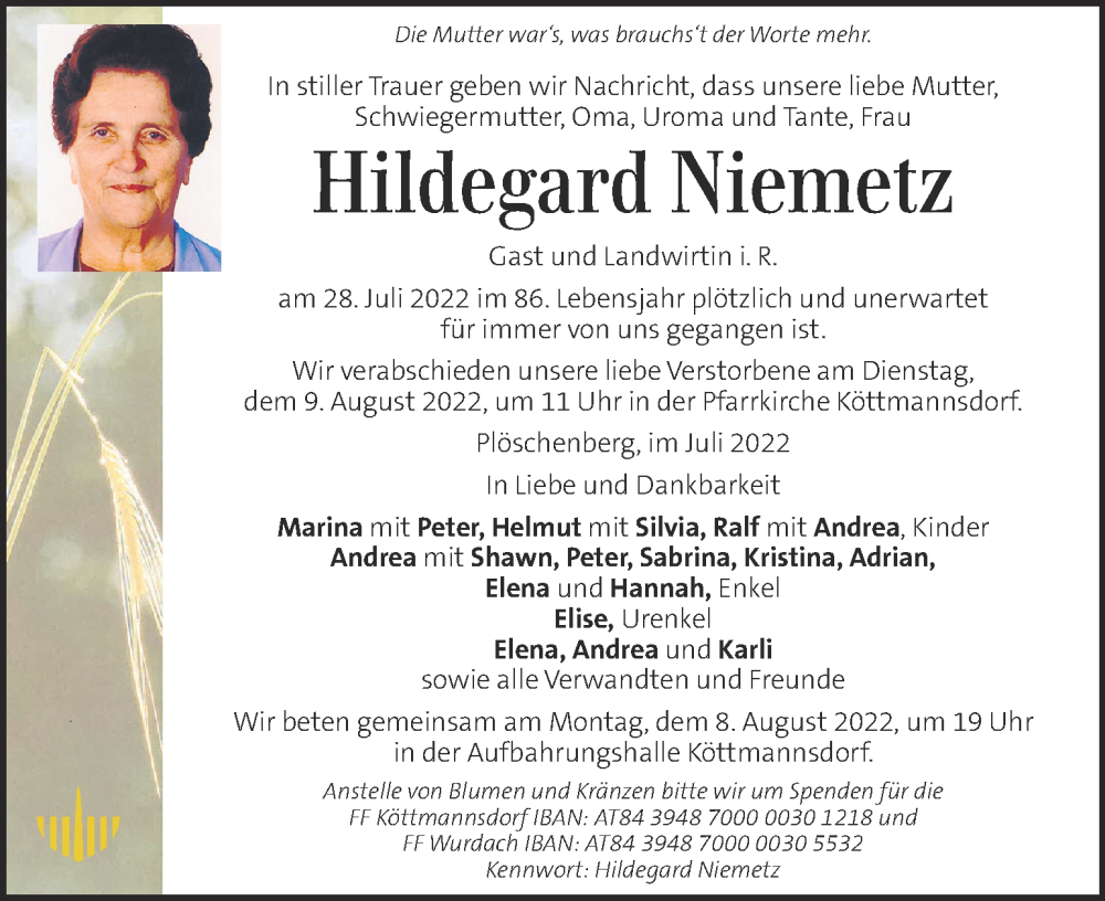  Traueranzeige für Hildegard Niemetz vom 05.08.2022 aus Kleine Zeitung
