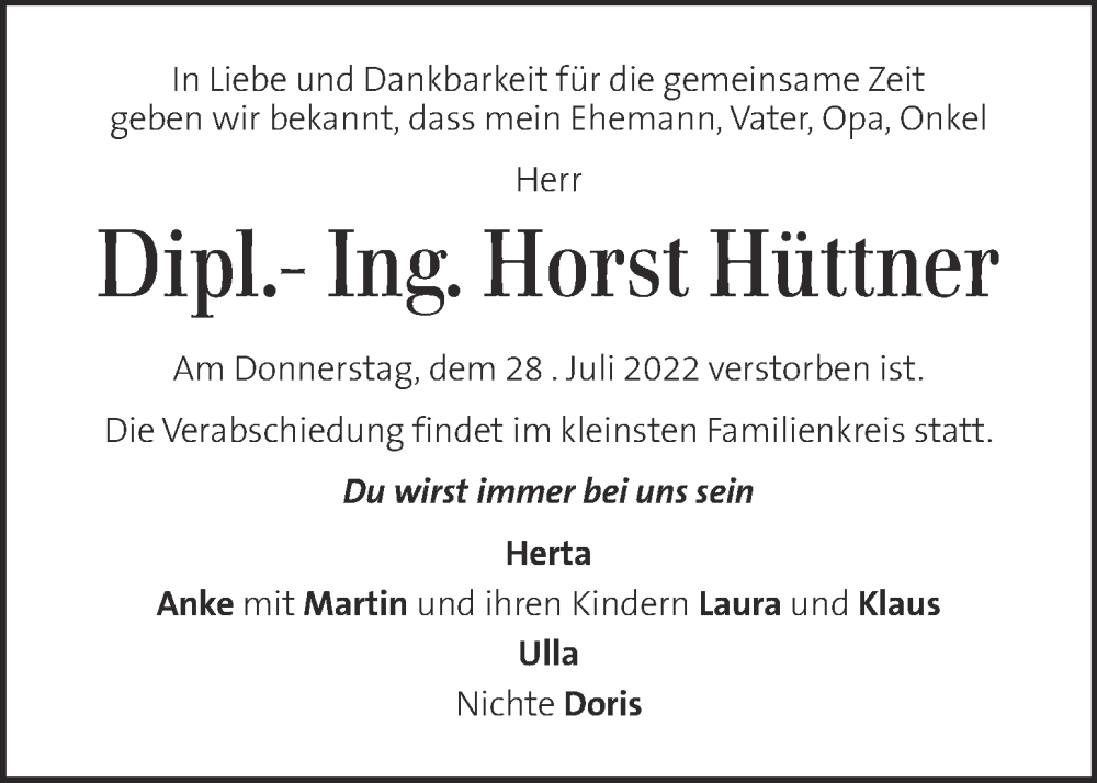  Traueranzeige für Horst Hüttner vom 06.08.2022 aus Kleine Zeitung