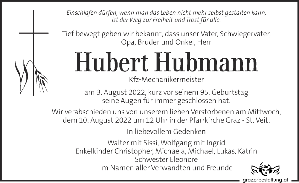 Traueranzeige für Hubert Hubmann vom 07.08.2022 aus Kleine Zeitung