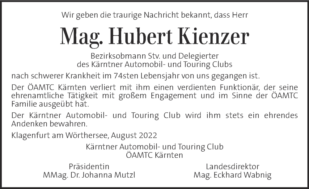  Traueranzeige für Hubert Kienzer vom 12.08.2022 aus Kleine Zeitung