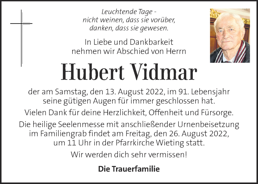  Traueranzeige für Hubert Vidmar vom 17.08.2022 aus Kleine Zeitung