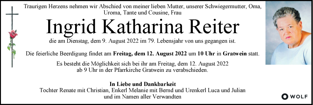  Traueranzeige für Ingrid Katharina Reiter vom 11.08.2022 aus Kleine Zeitung